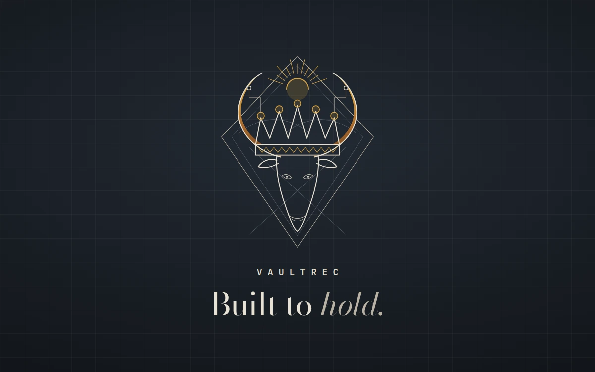 The Vaultrec crest in fine bone and gold lines, over the word VAULTREC and the line Built to hold