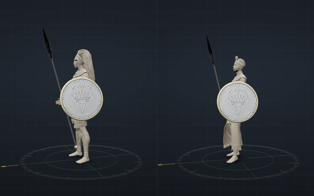 The two Nova Lieutenants in clay, him and her, each holding the Ubumwe spear and a shield with the Vaultrec emblem, on drafting compasses