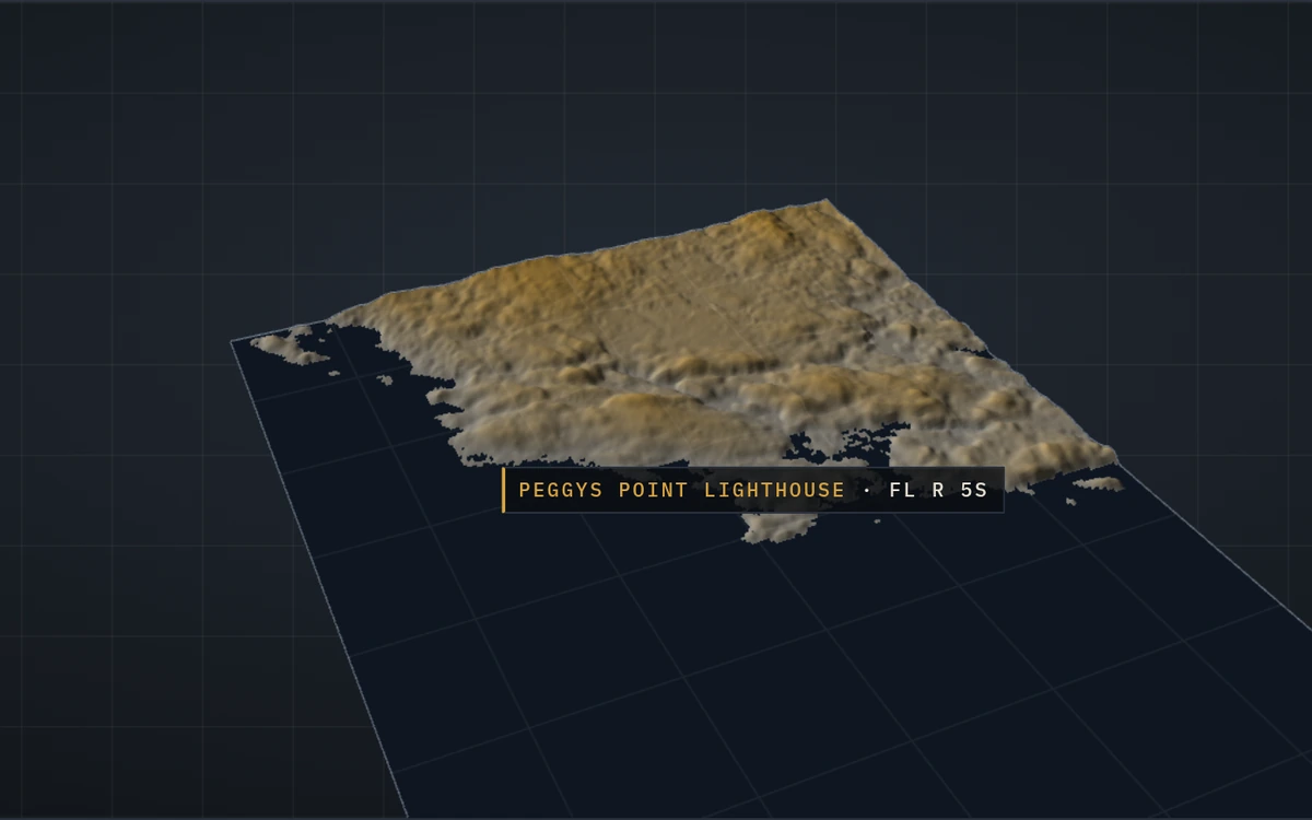 Peggy's Cove in 3D relief: golden granite barrens above a flat, dark sea, with Peggys Point Lighthouse marked