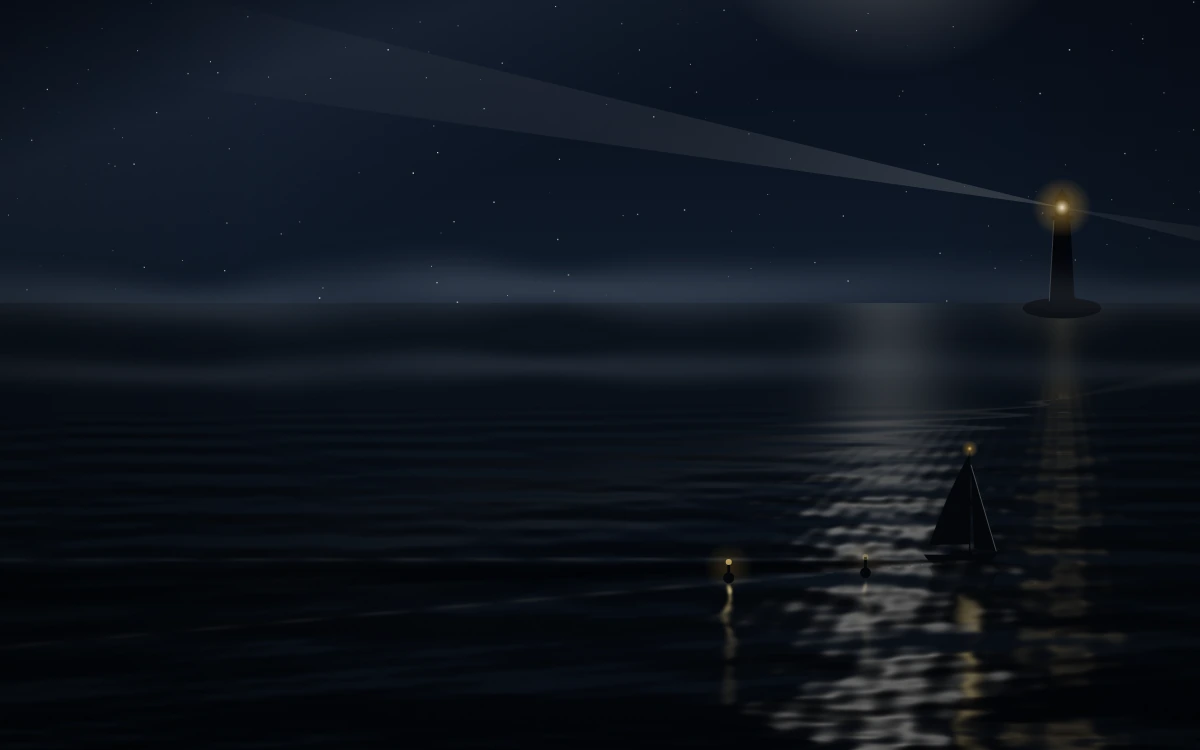 Night water under a lighthouse beam: a small sailing boat on the moon's path, with two lit buoys behind it